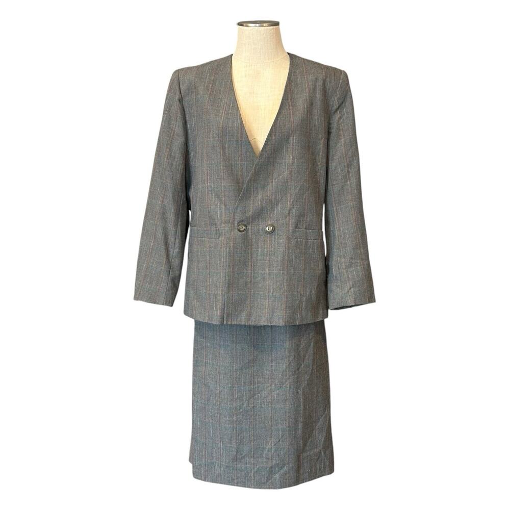 90s Gray Plaid Windowpane Skirt Suit Shoulder Pads Large